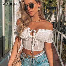 Articat Off Shouder Ruffles Sexy Crop Top Women Strapless Lace Up Short Slim Cropped Summer Top White Casual Tank Top Streetwear 2024 - buy cheap