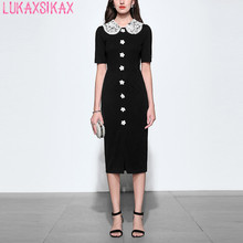 Lukaxsikax alta qualidade runway designer preto lápis vestido 2020 primavera verão feminino rendas retalhos apliques elegante vestido 2024 - compre barato