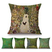 Green Farm Scenery Gustav Klimt Oil Painting Decoration Art Throw Pillow For Sofa Pastoral Tree Flowers Linen Cushion Cover Case 2024 - buy cheap