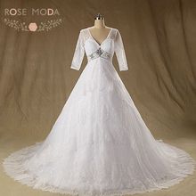 Rose Moda Lace Wedding Dress V Neck 3/4 Long Sleeves Wedding Dresses for Winter Real Photos 2024 - buy cheap