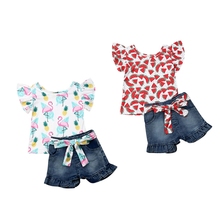Комплект одежды с цветочным рисунком для маленьких девочек; хлопковые топы; футболка; джинсовые штаны; шорты; Детская летняя одежда; солнцезащитный костюм 2024 - купить недорого