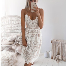 Sexy Backless Spaghetti Strap Hollow Out Lace Dress Summer Women White Dresses Casual Sundress Vestidos Sleeveless Party Dresses 2024 - buy cheap
