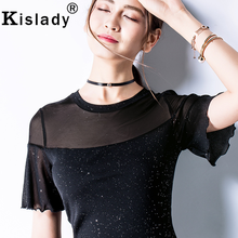 Kislady 2020 Summer Patchwork Sexy Mesh Tops Fashion Black Round Neck Women Shirts Fairy Elegant Ruffles Female's Korean Clothes 2024 - buy cheap