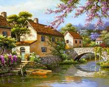 55-44-Needlework Crafts Full Embroidery French DMC Quality Counted Cross Stitch Kit set Oil painting Village Canal 2024 - buy cheap