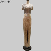 Gold Dubai Design Short Sleeveless Evening Dresses 2020 Front Split Sequined Tassel Beading Evening Gowns Serene Hill BLA60747 2024 - buy cheap