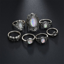 Conjunto de anillos de ópalo de piedra tibetana para mujer, bisutería de moda, Color plata, flor, corazón, elefante, joyería Vintage 2024 - compra barato