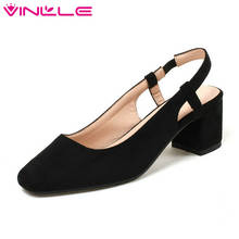 VINLLE 2018 Elegant Women Pumps Pointed Toe Square Med Heel Flock Slingback Black Ladies Wedding Shoes Size 34-43 2024 - buy cheap