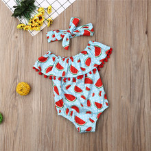 Summer Toddler Baby Girls clothes off shoulder Tassel Ruffle sleeveless Watermelon print Bodysuit Bow Headband 2pc cotton Outfit 2024 - buy cheap