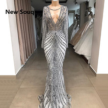 Luxury Crystal Beaded Middle East Dubai Evening Dresses Illusion V-neck  Long Sleeves Mermaid Party Prom Dress Vestido De Festa 2024 - buy cheap