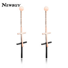 NEWBUY Classic Design Rose Gold Color Stainless Steel Double Cross Dangle Earrings For Women Long Tassel Drop Earring Wholesale 2024 - buy cheap