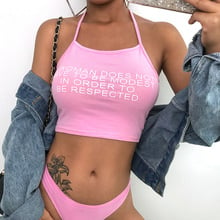 Top con letras finas sin mangas con tirantes para mujer, Top corto de cuello Halter, camisolas sexys rosas, camiseta ajustada sin mangas para mujer 2019 2024 - compra barato