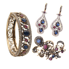 Elegant Turkish Women Earrings&Brooch&Bracelet Jewelry Sets 3pcs Sets Flower Wedding Jewelry Antique Gold Color Bangle Arab Pin 2024 - buy cheap