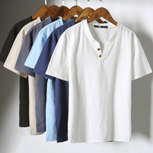 Verão fino linho de manga curta camiseta masculina versão coreana do corpo de meia manga tendência algodão e roupa de linho 2024 - compre barato
