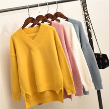 Winter Women Sweater New Solid Color V-neck Irregular Loose Warm Knit Pullover Bottom Sweater Female Casual Tops Waichuan AA278 2024 - buy cheap