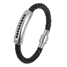 Pulseira masculina couro preto, bracelete com fivela magnética em aço inoxidável 2024 - compre barato