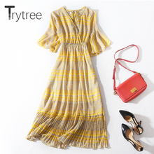 Tritree vestido casual de verão outono, feminino, estampa com decote em v, manga flare, cintura elástica, linha a, vestido de férias na altura da panturrilha 2024 - compre barato