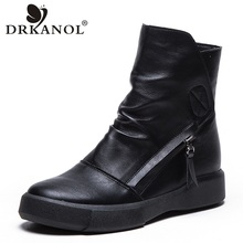 DRKANOL 2021 Vintage PU Leather Women Boots Fashion Solid Black Side Zipper Flat Ankle Boots For Women Winter Warm Boots Shoes 2024 - buy cheap