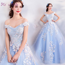 He's Bride Elegant Cheap Blue Boat Neck Lace Up Back Ball Gown Floor-Length Wedding Dresses Custom Plus  Size Vestido De Novia 2024 - buy cheap