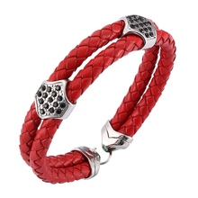 Moda unissex jóias vermelho corda dupla trançada pulseira de couro com zircão para mulher simples aço inoxidável pulseira sp0203 2024 - compre barato