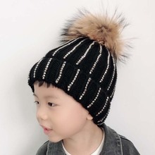 Rhinestone Beanie Cap Children Velvet Fleece Inside Winter Hat For Kids Real Raccoon Fur Pompom Hat 2024 - buy cheap
