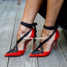 Женские Элегантные модельные туфли-лодочки, красные, замшевые, черные, с лентой, разноцветные туфли на шпильках, с острым носком, с перекрестными ремешками, на шнурках 2024 - купить недорого