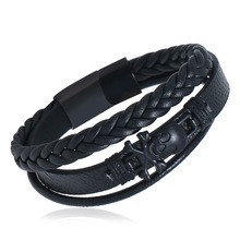 Feather Skull Black Braided Leather Cuff Bangle Male Men Bracelets Fashion Stainless Steel Magnetic Clasp Leather Bracelet 2024 - buy cheap