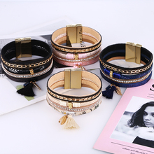 Hocole pulseira de couro feminina, pulseira com borla, bracelete largo multicamadas vintage com strass para mulheres, 2019 2024 - compre barato