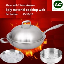 FREE SHIPPING COOKING TOOL WOK PAN #304 stainless steel 5ply fry pan non-stick no coating pan 32cm with steamer 2024 - buy cheap