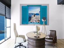 Frete grátis 3d grécia adesivo de parede janela azul decalque arte foto à prova d' água papel de parede removível mural de floresta decoração de casa de vinil 2024 - compre barato