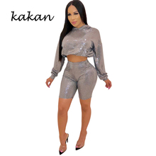 Kakan spring new women's bodysuit two-piece set of shiny long-sleeved hooded sweater tight jumpsuit suit 2024 - buy cheap