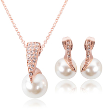 Hot! 2015 Hot Sale Wedding Jewelry Set Bride Rose Gold Crystal Faux Pearl Pendant Necklace Earrings 2024 - buy cheap
