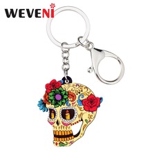 WEVENI Acrylic Halloween Classic Flower Skull Key Chain Keychain Bag Trendy Jewelry For Women Girls Car Purse Bag Charms Gift 2024 - buy cheap