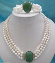 Lovely Nice Bridal 3 Rows 7-8mm White Pearl Green Gem Clasp Necklace Bracelet Jewellery Woman Word Wholesale 2024 - buy cheap