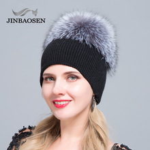 JINBAOSEN-gorro de lana de punto ruso, orejeras de costura de piel de zorro, gorro de esquí de Invierno para mujer, cálido, lavable, doble piel gruesa 2024 - compra barato