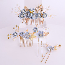 4PCS Pearl Blue Flowers Hair Combs Pins Wedding Hair Jewelry Handmade Leaf Alloy Crystal Bridal Head Pins Elegant Ornament 2024 - buy cheap