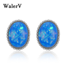 WalerV 2018 New Imitation Blue Oval Shape Opal Stone Stud Earring for Women Set Fashion Charm Jewelry Wedding Silver Color Gifts 2024 - buy cheap