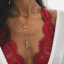 Ожерелье женское, модное, многослойное, золотое, Крест из розового золота 2024 - купить недорого
