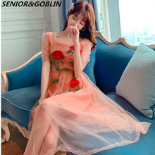Vestido largo Vintage de malla con bordado rosa para mujer, vestido de pasarela de diseñador de moda de alta calidad, manga corta, novedad de 2019 2024 - compra barato