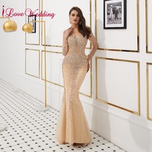 iLoveWedding Sexy V Neck Luxury Gold Beadings Custom made Long Sleeves Formal Long Sleeves Mermaid Evening Gown Dresses 2024 - buy cheap