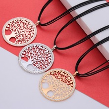 Gold Silver Color Round Tree of Life Necklace For Women Crystal Hollow Pendant Black Leather Chains Long Sweater Jewelry Gift 2024 - buy cheap