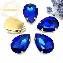 Sapphire blue Water drop Glass Crystal sew on rhinestones with GOLD four claw Diy Clothing accessories Free shipping! 2024 - buy cheap