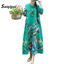Saiqigui new fashion 2019 Autumn dress women dress V-Neck casual loose  Print A-Line cotton Linen dress vestidos de festa 2024 - buy cheap