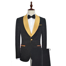 Черный Жаккардовый мужской костюм для свадьбы, смокинг, Золотая шаль с отворотом, вечерние мужские костюмы для выпускного вечера, комплект из двух предметов, пиджак, брюки, мужской блейзер 2024 - купить недорого