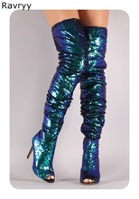 Шикарные женские высокие сапоги голубого цвета с павлином Сапоги выше колена на тонком каблуке с открытым носком вечерние модельные женские ботинки 2024 - купить недорого