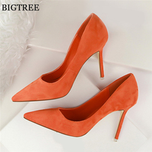 Plus Size 34-43 Woman Concise Office Shoes Fashion Pointed Toe Women Pumps Flock Shallow High Heels Women's Party Shoes 9 Colors 2024 - buy cheap
