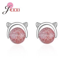Wholesale Women Girls Cute Cat Ears Jewelry 925 Sterling Silver Stud Earrings With Pink Round Crystal Holiday Gift 2024 - buy cheap