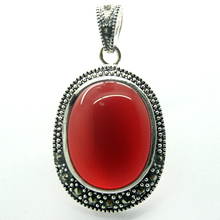 Lady's Elegant Natural oval 30*20mm Red JADE 925 Sterling Silver Marcasite Pendant 2024 - buy cheap