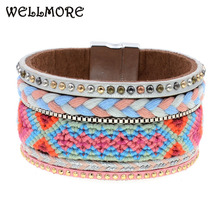 Wellmore bracelete boêmio feito a mão de algodão bracelete de couro pulseiras envoltório para mulheres joias atacado drop shipping 2024 - compre barato