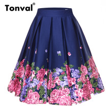 Tonval Retro Floral Print Vintage Pleated Skirts Womens 2021 High Waist Cotton Summer Midi Swing Skirt 2024 - buy cheap
