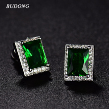Новое поступление, зеленые серьги-гвоздики для принцесс BUDONG, серебряные серьги с фианитами для женщин, квадратные великолепные ювелирные изделия с кристаллами XUAE020 2024 - купить недорого